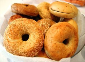 A basket of bagels for breakfast.